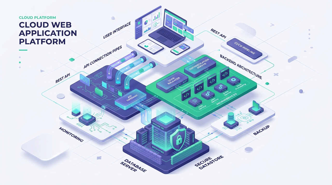 Jasa Pembuatan Website & Sistem Aplikasi Web Kustom | NusaGates - software architecture illustration 1790497868439 Arsitektur Cloud Web Application Platform NusaGates